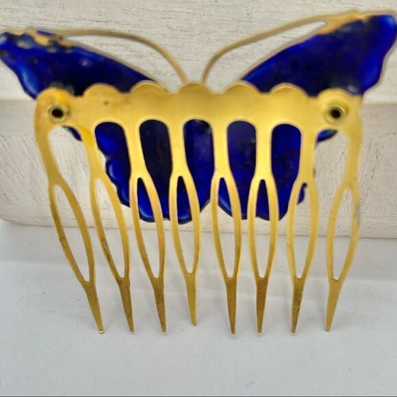 Vintage Enamel Butterfly Floral Hair Comb Gold Blue - Picture 4 of 11